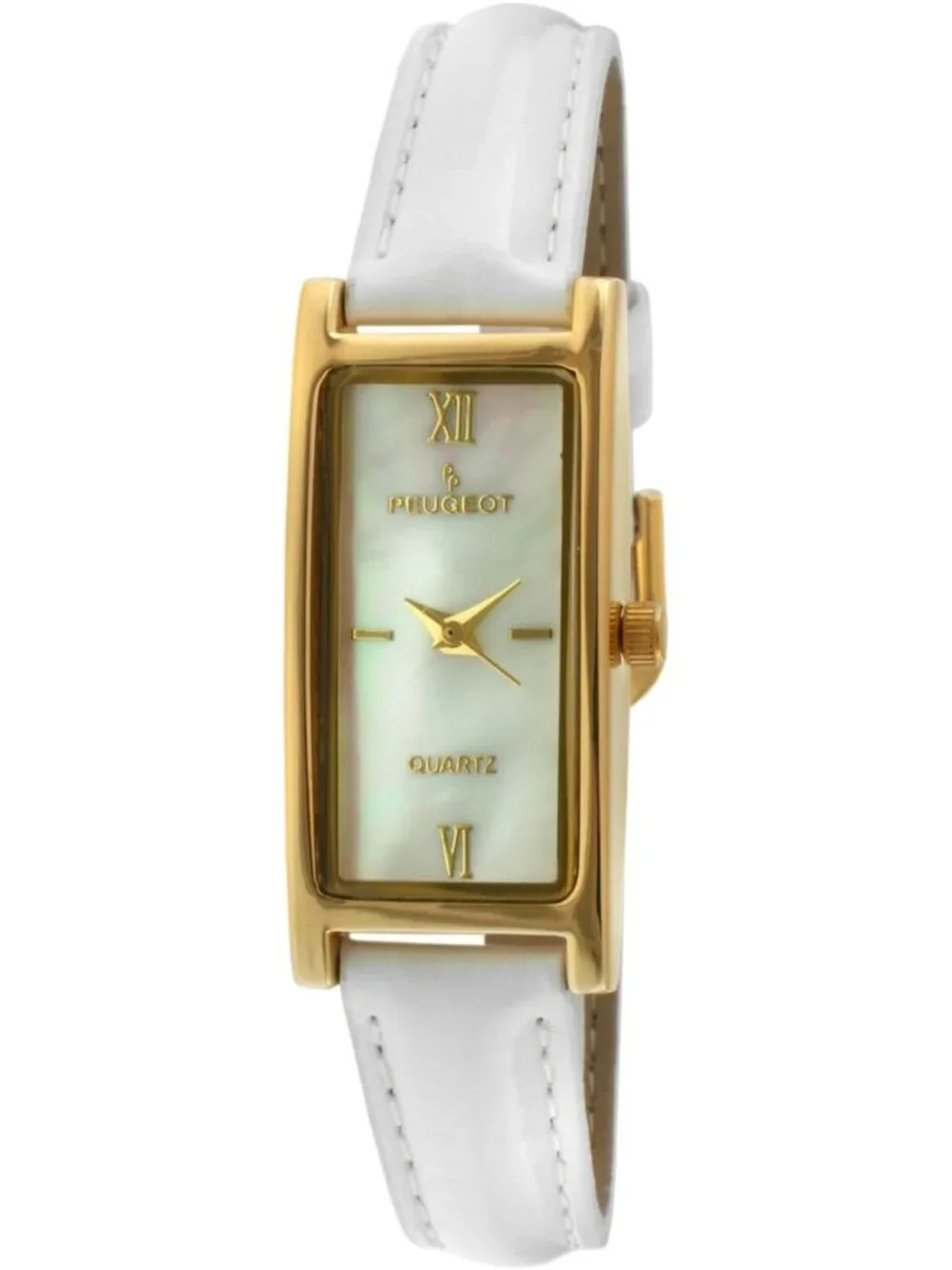 Women's White Plated Mother of Pearl Face Roman Numeral Leather Thin Strap Watch